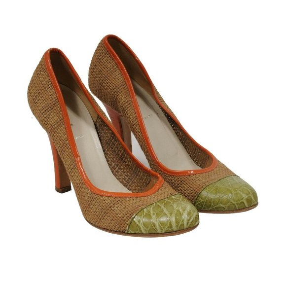 Prada Jute Heels Pumps Size 37.5 US 7.5 Tan Orange Green Croc Toe Box - Picture 1 of 10